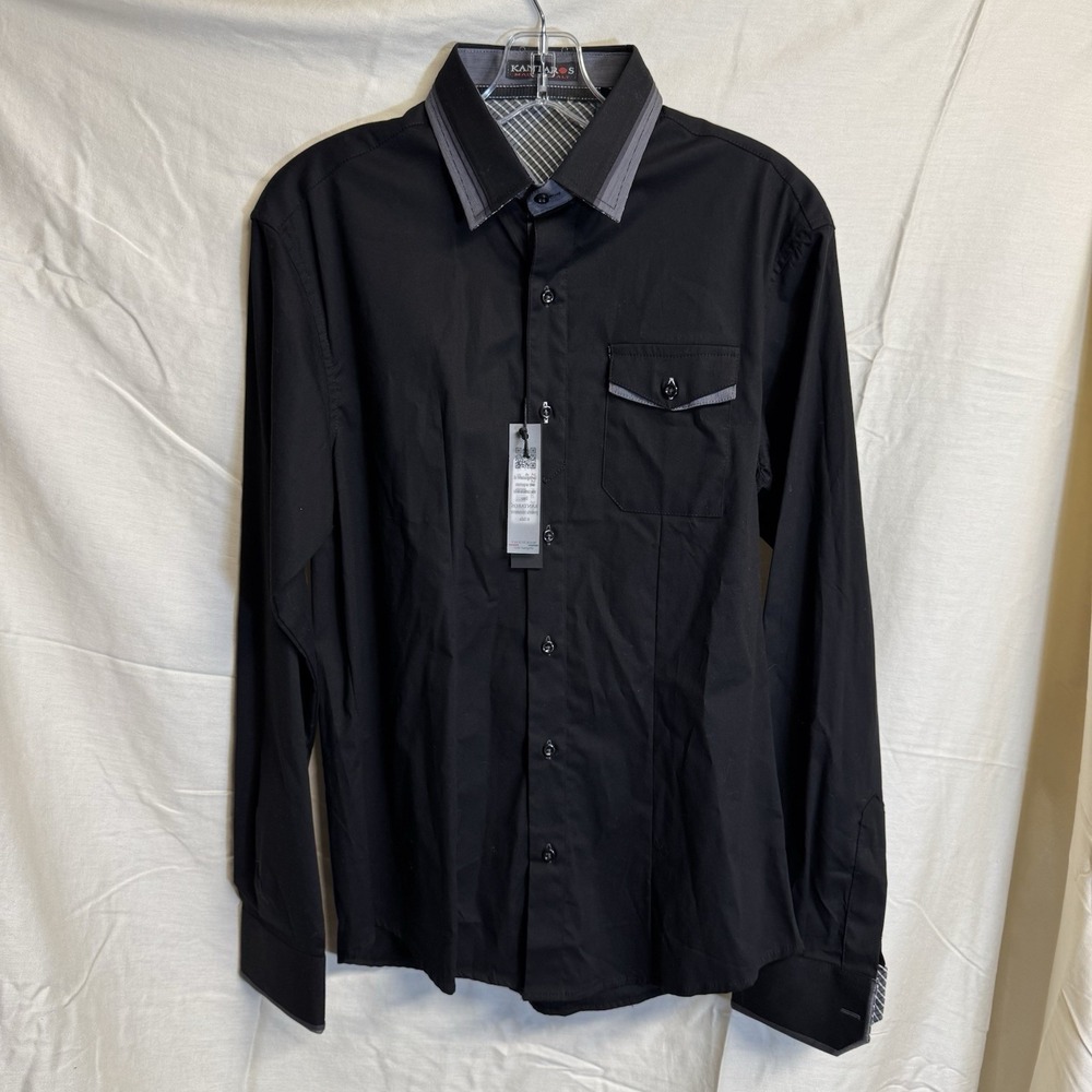 Kantaros Black Button Up Flip Cuff Two Tone Collar Small Made In Italy